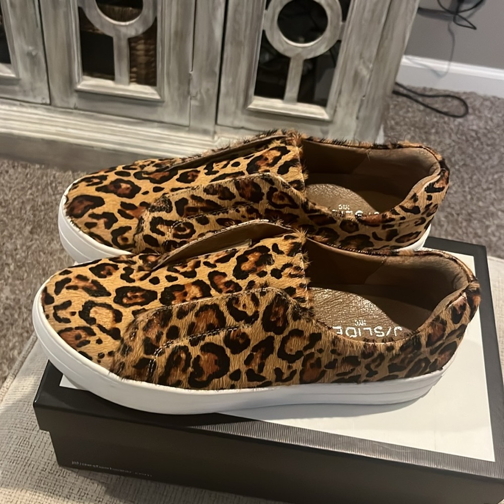 J/Slides NYC Tan Leopard Pony Leather Heidi sneakers in very good used condition